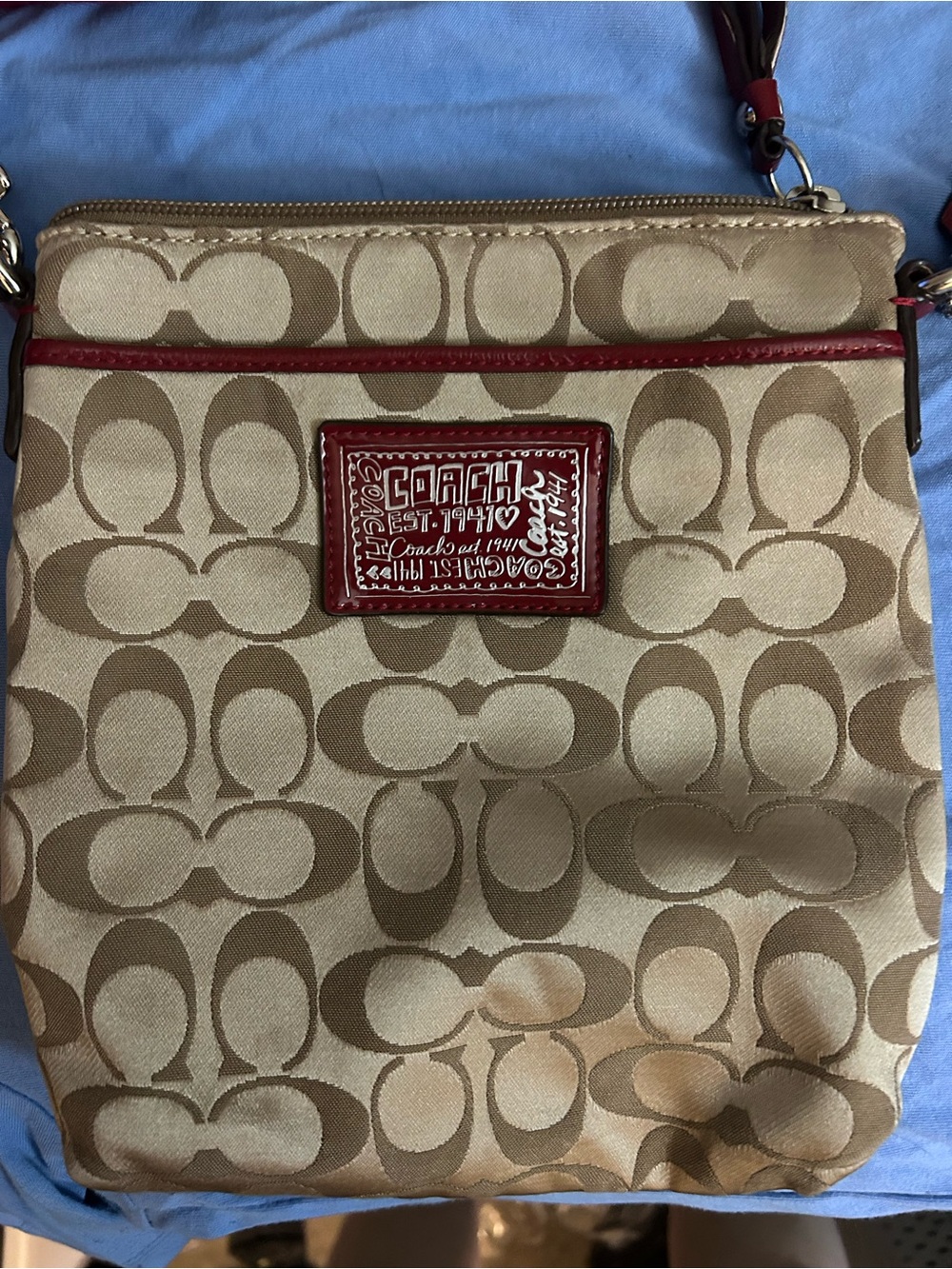 Coach Tan Signature Crossbody with Red Trim